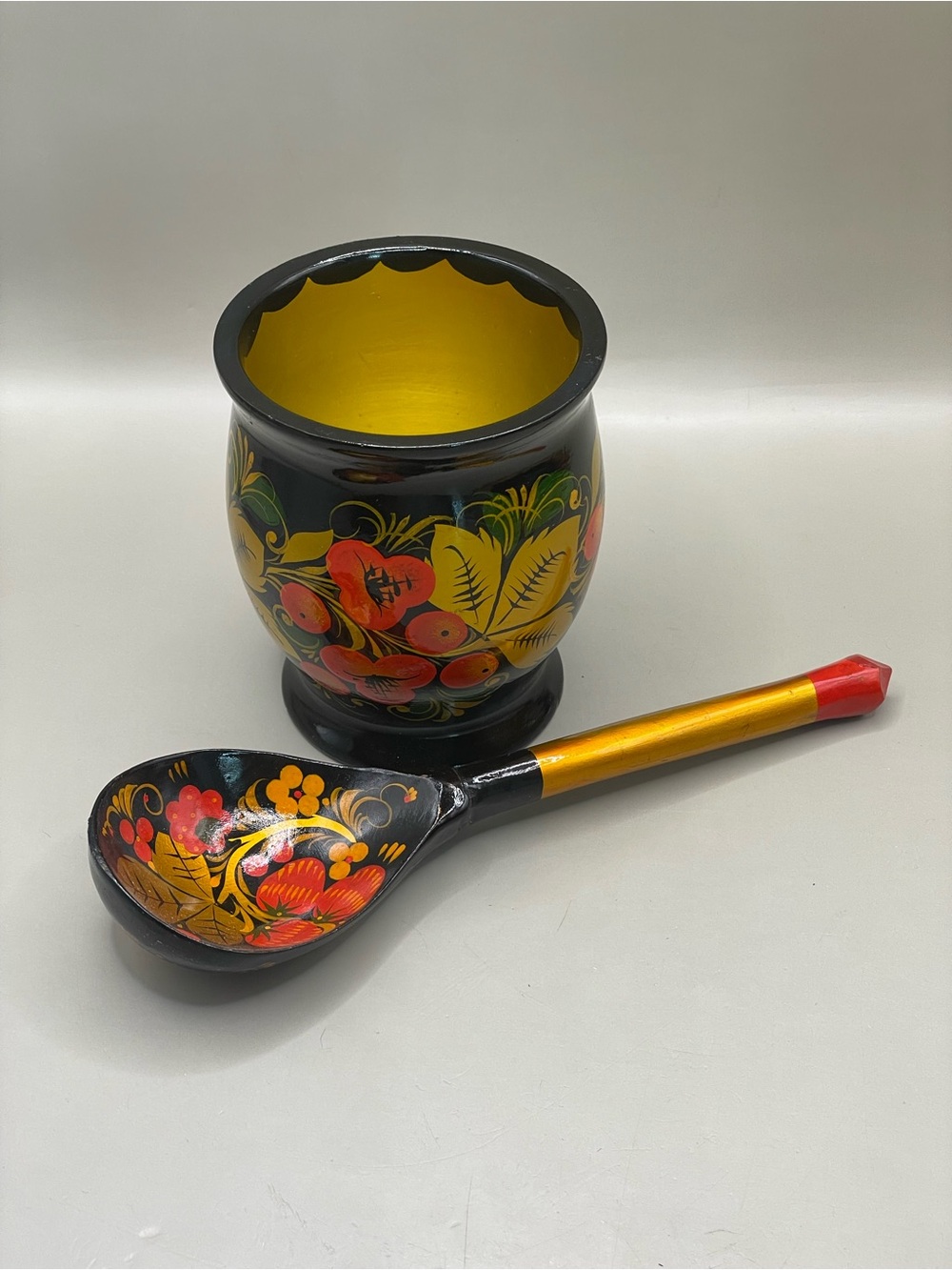 Vintage Handmade Russian Khokhloma Berries Floral Wooden Mug Cup and Spoon Set